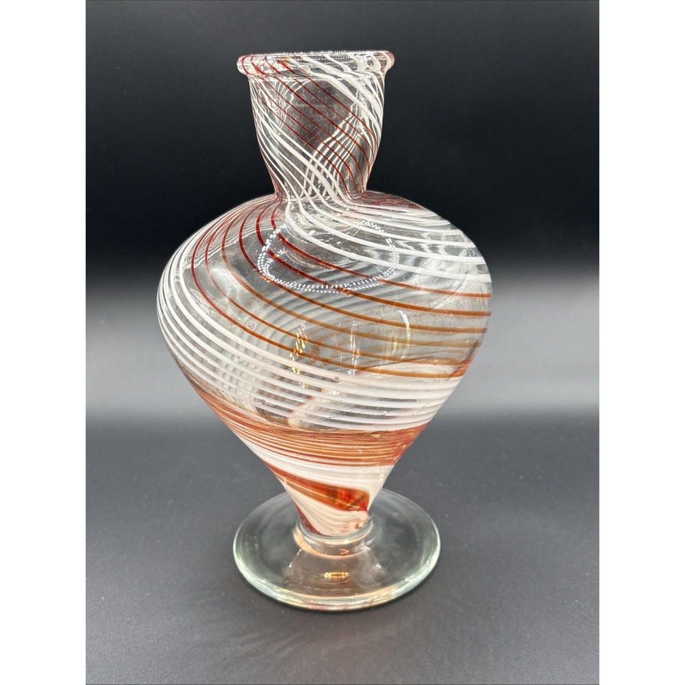 Vintage Italian Blown Glass Filigree Pedestal Vase Orange & White Spiral